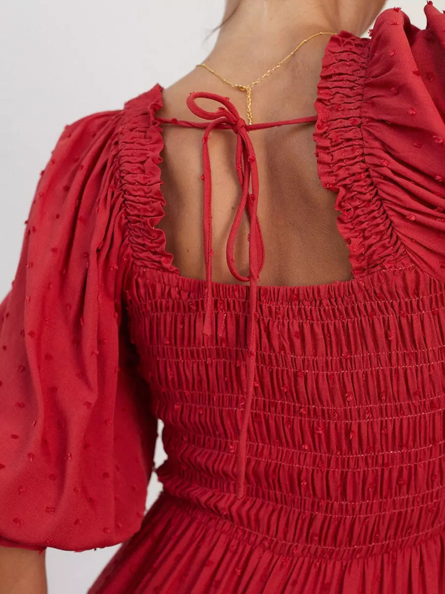 Bohemian Polka Dot Shirred With Half Sleeves Pleated Ruffles Maxi Dress