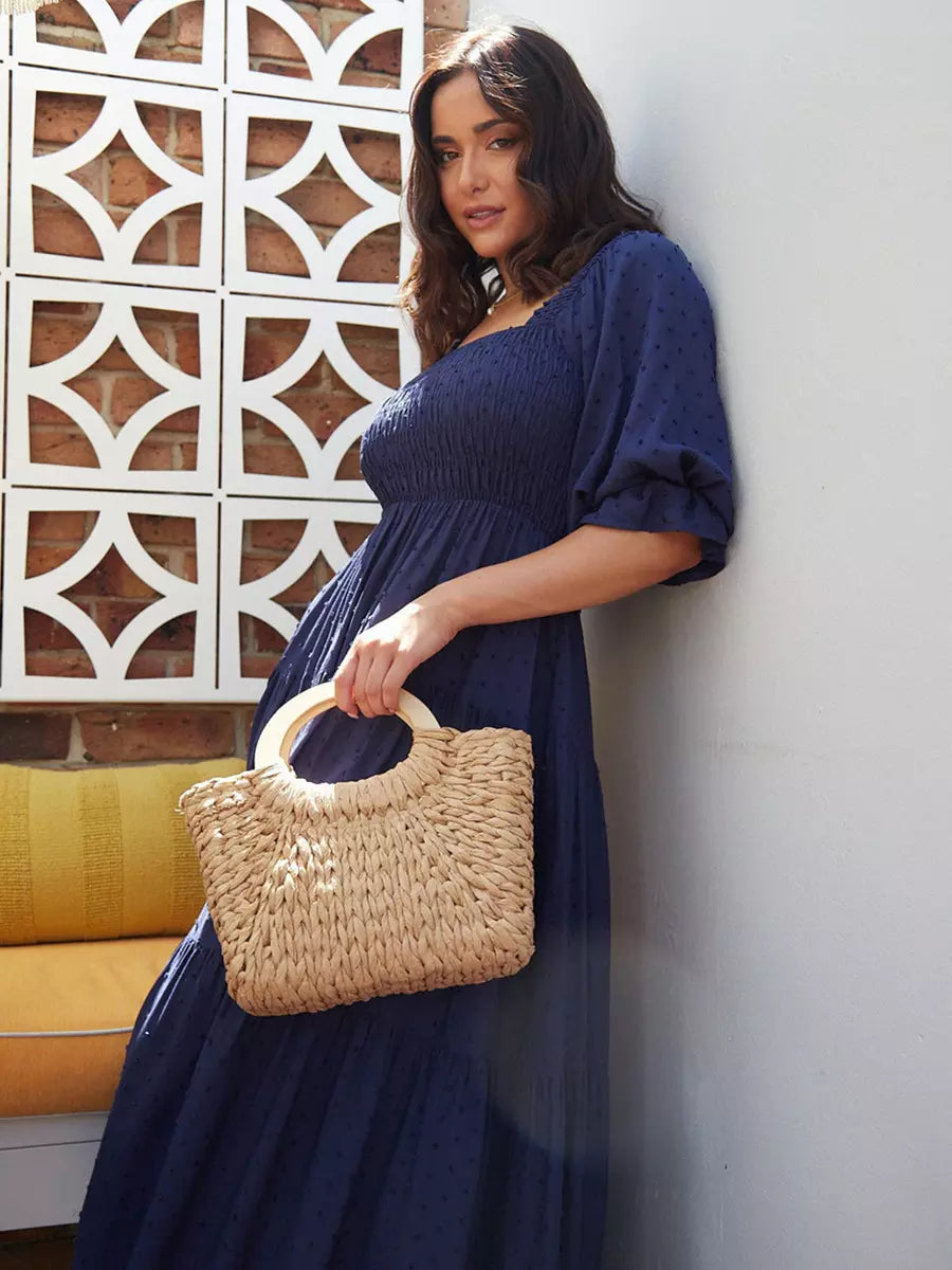 Bohemian Polka Dot Shirred With Half Sleeves Pleated Ruffles Maxi Dress
