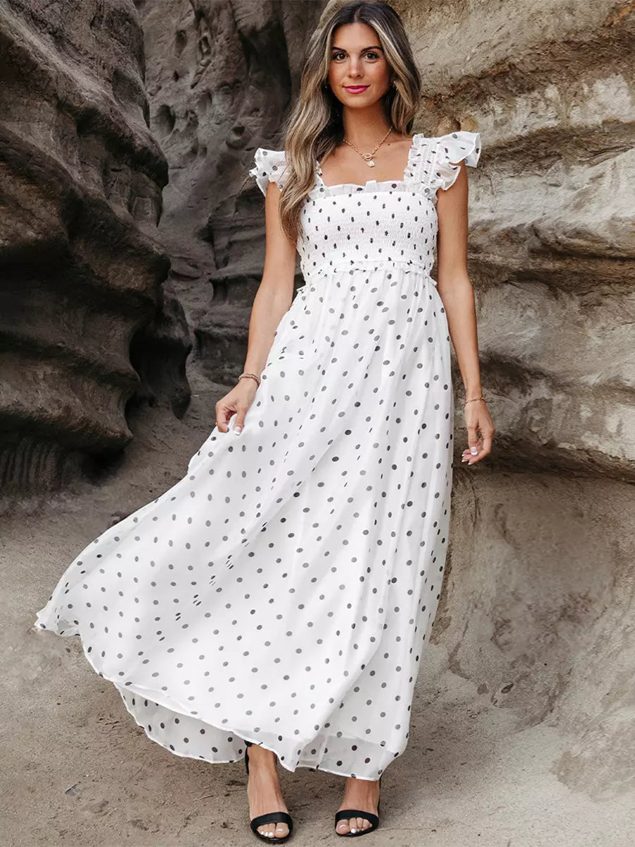 Bohemian Polka Dot With Flutter Sleeves And Square Collar Maxi Dress