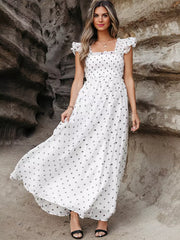 Bohemian Polka Dot With Flutter Sleeves And Square Collar Maxi Dress
