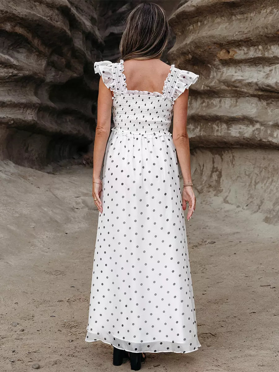 Bohemian Polka Dot With Flutter Sleeves And Square Collar Maxi Dress