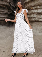 Bohemian Polka Dot With Flutter Sleeves And Square Collar Maxi Dress