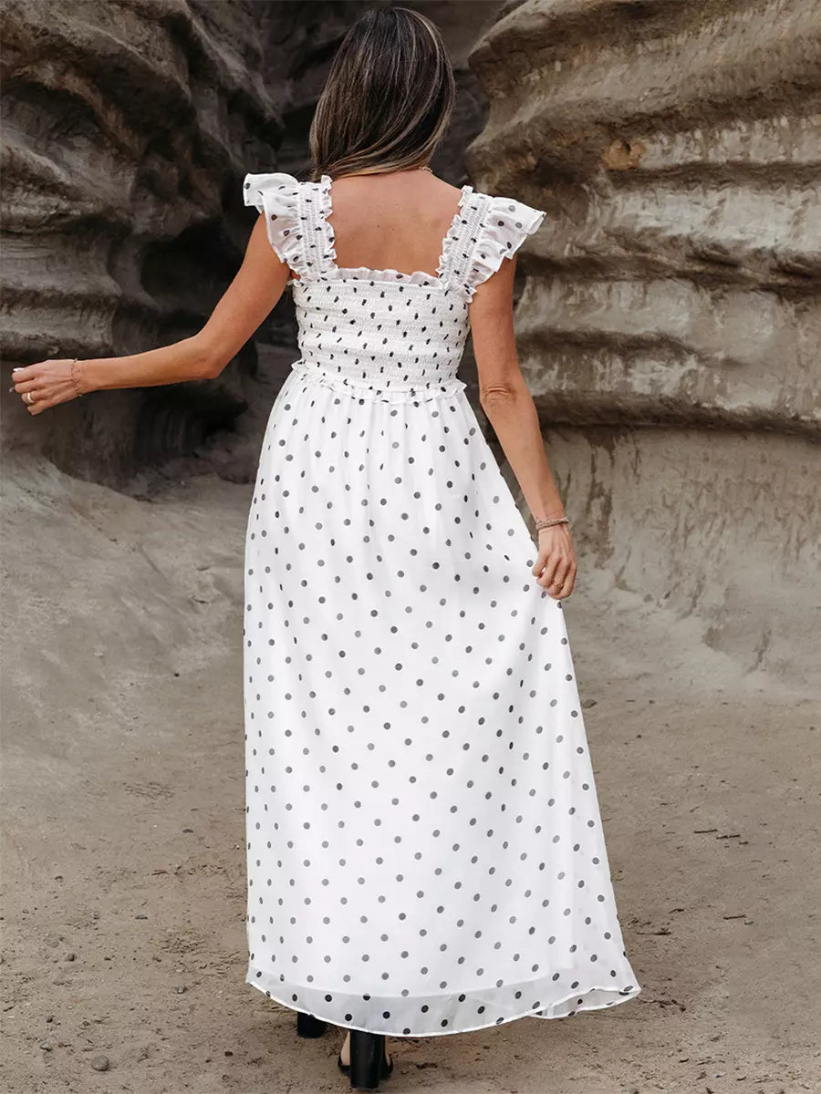 Bohemian Polka Dot With Flutter Sleeves And Square Collar Maxi Dress
