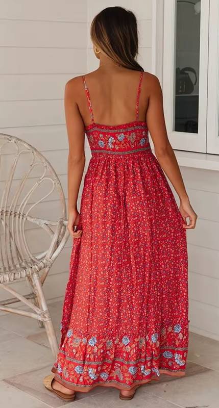 Bohemian Print Floral Pullover V-Neck Strap Ankle-Length Maxi Dress