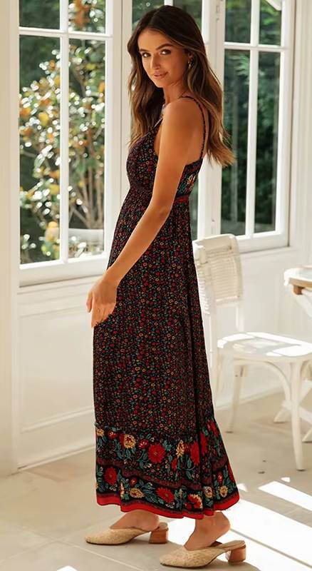 Bohemian Print Floral Pullover V-Neck Strap Ankle-Length Maxi Dress