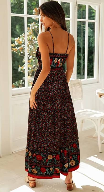 Bohemian Print Floral Pullover V-Neck Strap Ankle-Length Maxi Dress
