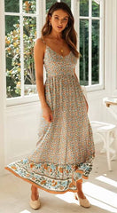Bohemian Print Floral Pullover V-Neck Strap Ankle-Length Maxi Dress