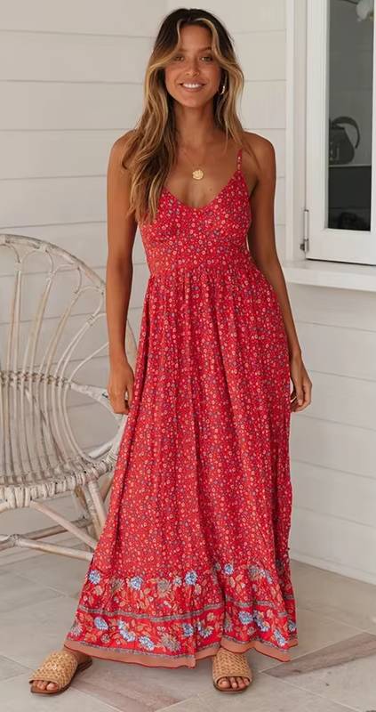 Bohemian Print Floral Pullover V-Neck Strap Ankle-Length Maxi Dress