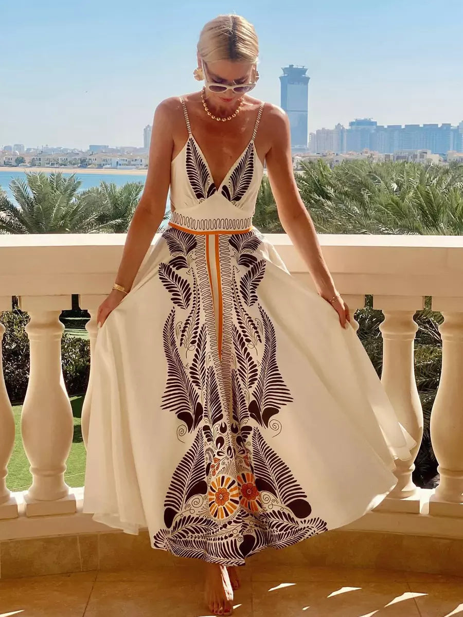 Bohemian Adjustable Straps Print Maxi Slip Dress With V-Neck And Open Back