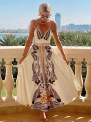 Bohemian Adjustable Straps Print Maxi Slip Dress With V-Neck And Open Back