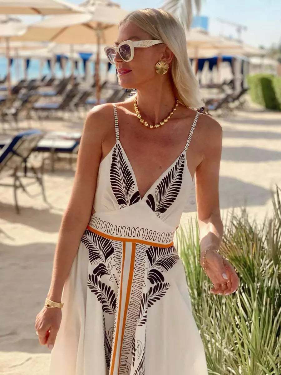 Bohemian Adjustable Straps Print Maxi Slip Dress With V-Neck And Open Back