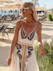 Bohemian Adjustable Straps Print Maxi Slip Dress With V-Neck And Open Back