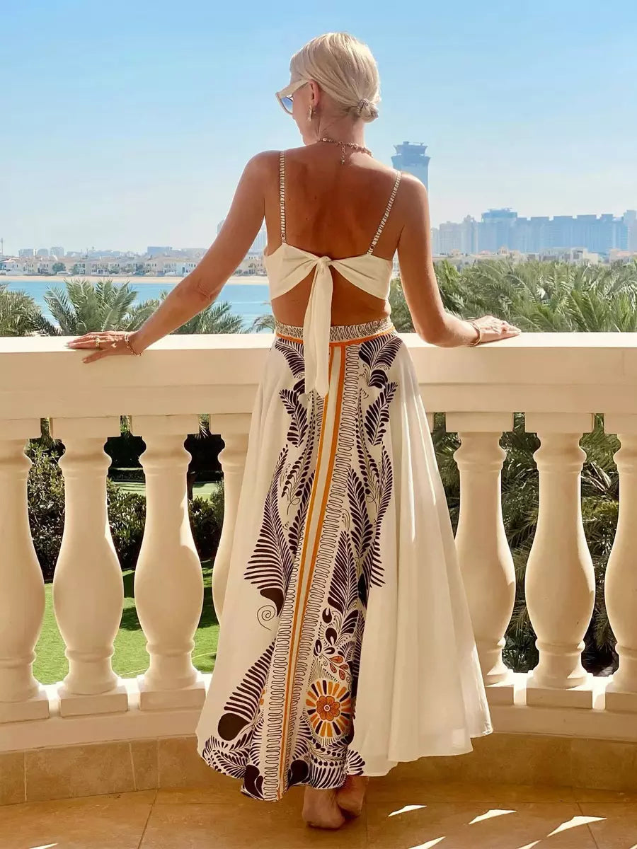 Bohemian Adjustable Straps Print Maxi Slip Dress With V-Neck And Open Back