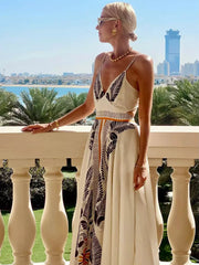 Bohemian Adjustable Straps Print Maxi Slip Dress With V-Neck And Open Back