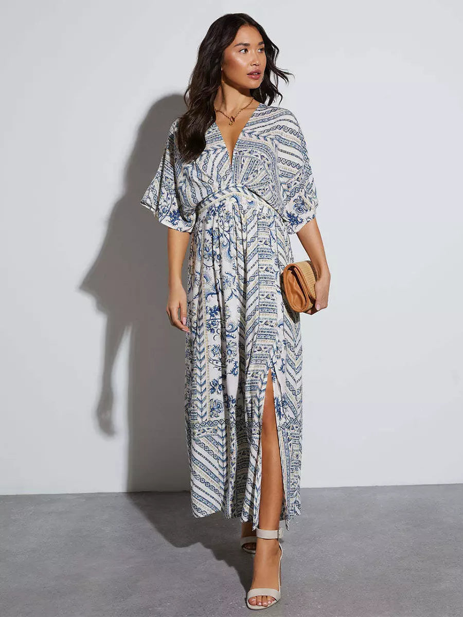 Casual Printed Beach Style With Side High Slit Beach Style Maxi Dress