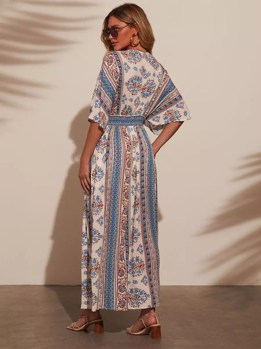 Bohemian Printed Beach Style With Side High Slit Beach Style Maxi Dress