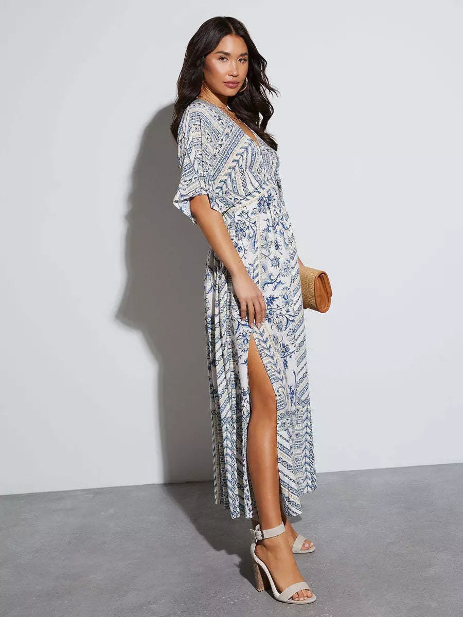 Casual Printed Beach Style With Side High Slit Beach Style Maxi Dress