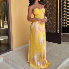 Bohemian Printed Halter Satin Hollow Off Shoulder Sleeveless Slim Party Long Dresses