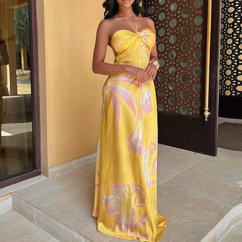 Bohemian Printed Halter Satin Hollow Off Shoulder Sleeveless Slim Party Long Dresses