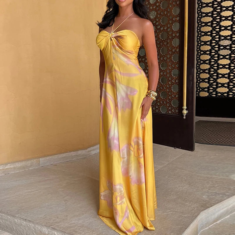 Bohemian Printed Halter Satin Hollow Off Shoulder Sleeveless Slim Party Long Dresses