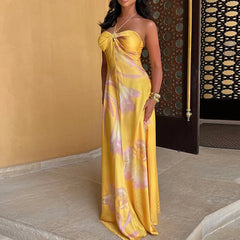 Bohemian Printed Halter Satin Hollow Off Shoulder Sleeveless Slim Party Long Dresses