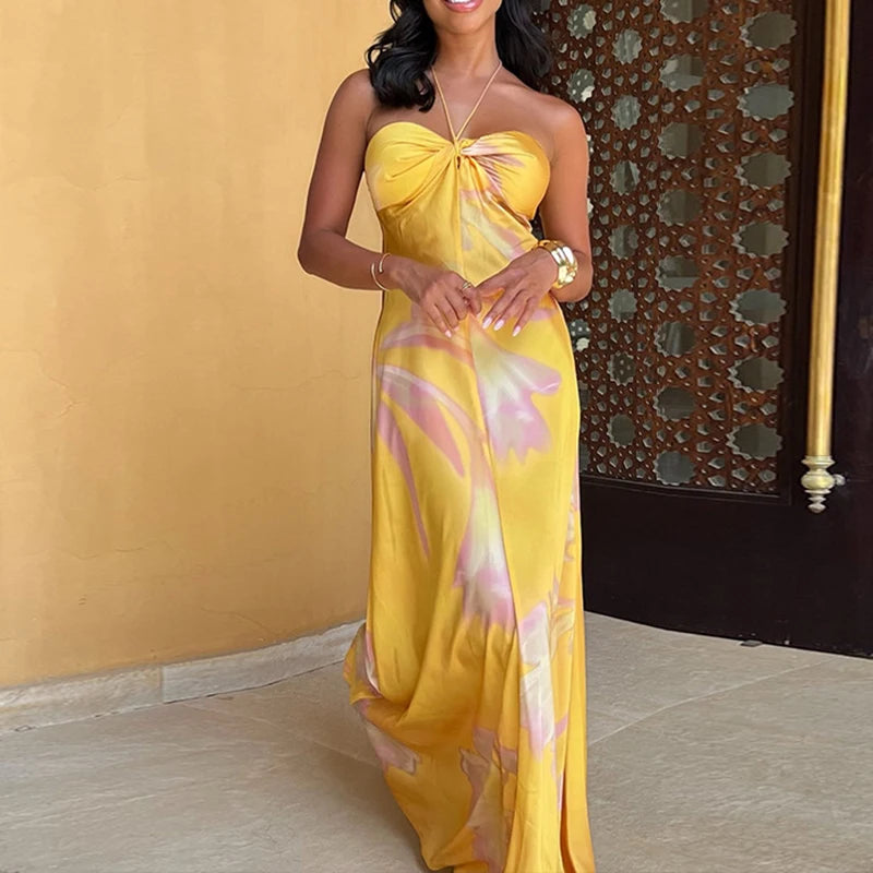 Bohemian Printed Halter Satin Hollow Off Shoulder Sleeveless Slim Party Long Dresses