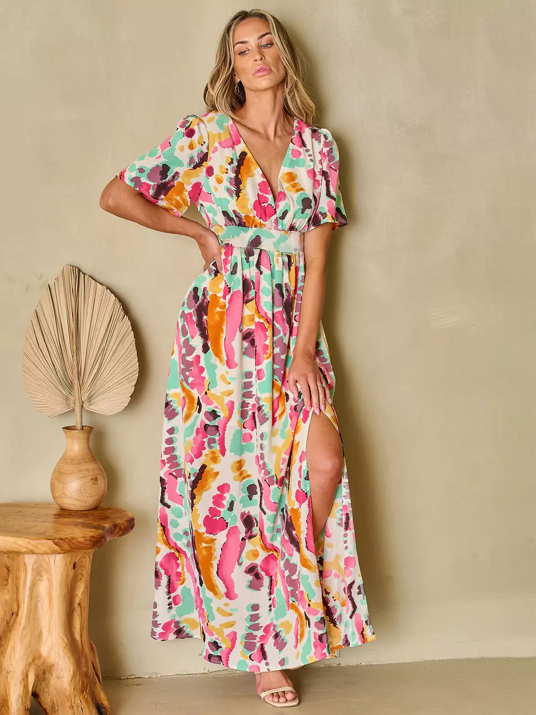 Bohemian Printed Long Maxi Dress With V-Neck And High-Slit
