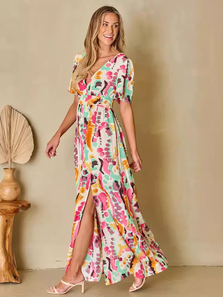 Bohemian Printed Long Maxi Dress With V-Neck And High-Slit