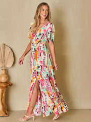 Bohemian Printed Long Maxi Dress With V-Neck And High-Slit