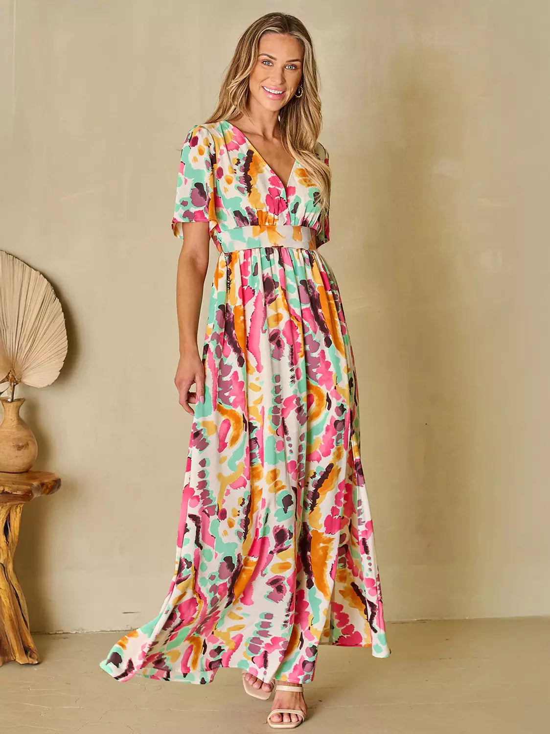 Bohemian Printed Long Maxi Dress With V-Neck And High-Slit