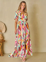 Bohemian Printed Long Maxi Dress With V-Neck And High-Slit