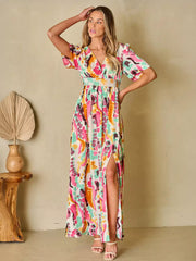 Bohemian Printed Long Maxi Dress With V-Neck And High-Slit