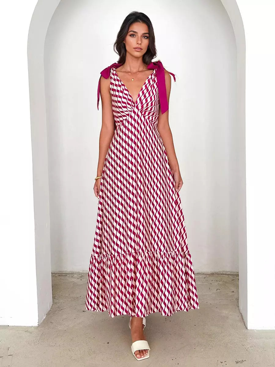 Bohemian Printed Ruffles Lace up V-Neck Tie Shoulder Straps Maxi Dress