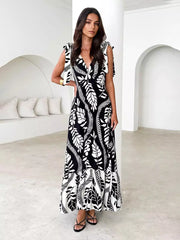 Bohemian Printed Ruffles Lace Up V-Neck Tie Shoulder Straps Maxi Dress