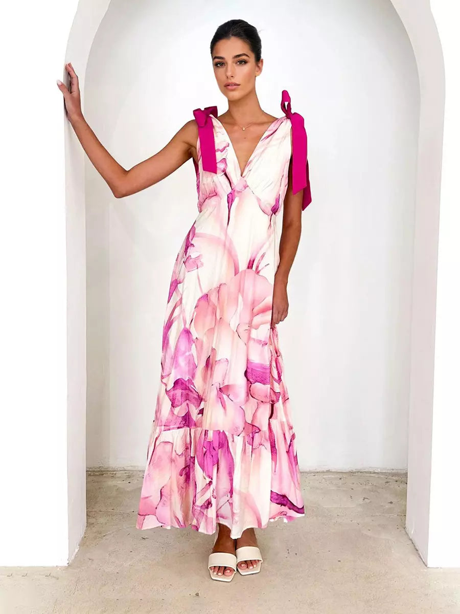 Bohemian Printed Ruffles Lace Up V-Neck Tie Shoulder Straps Maxi Dress
