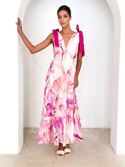 Bohemian Printed Ruffles Lace Up V-Neck Tie Shoulder Straps Maxi Dress