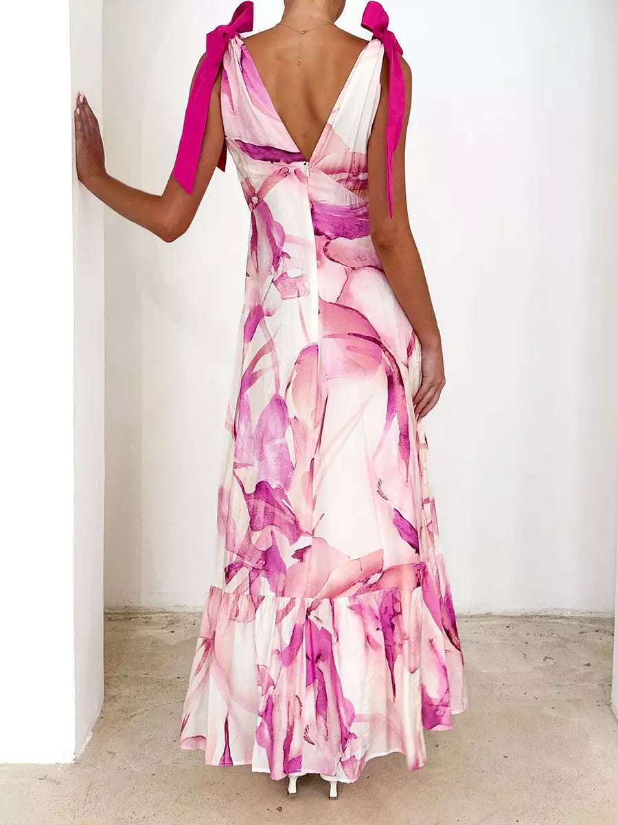 Bohemian Printed Ruffles Lace Up V-Neck Tie Shoulder Straps Maxi Dress