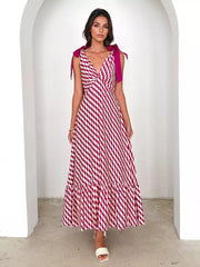 Bohemian Printed Ruffles Lace up V-Neck Tie Shoulder Straps Maxi Dress