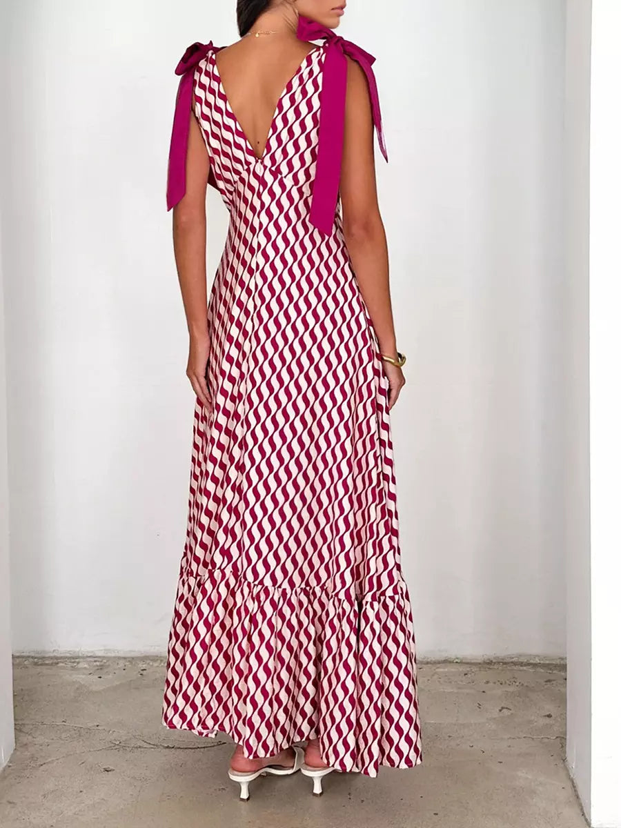 Bohemian Printed Ruffles Lace up V-Neck Tie Shoulder Straps Maxi Dress