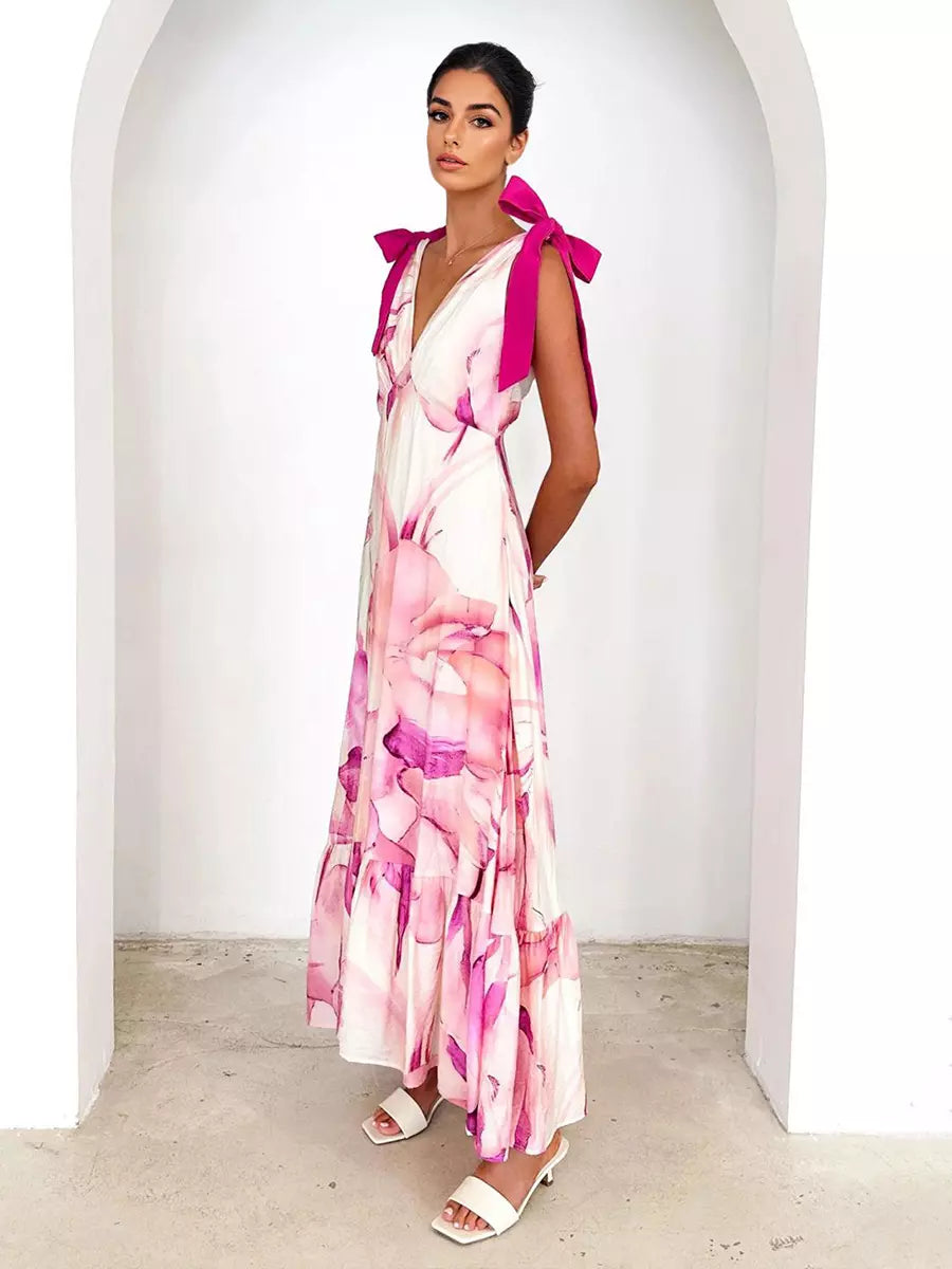 Bohemian Printed Ruffles Lace Up V-Neck Tie Shoulder Straps Maxi Dress