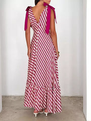 Bohemian Printed Ruffles Lace up V-Neck Tie Shoulder Straps Maxi Dress