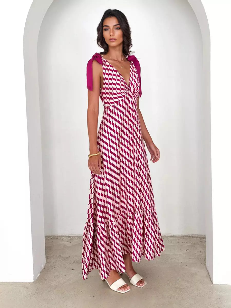 Bohemian Printed Ruffles Lace up V-Neck Tie Shoulder Straps Maxi Dress