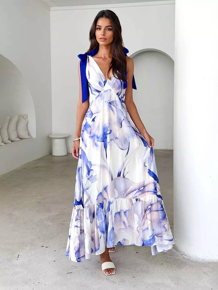 Bohemian Printed Ruffles Lace Up V-Neck Tie Shoulder Straps Maxi Dress