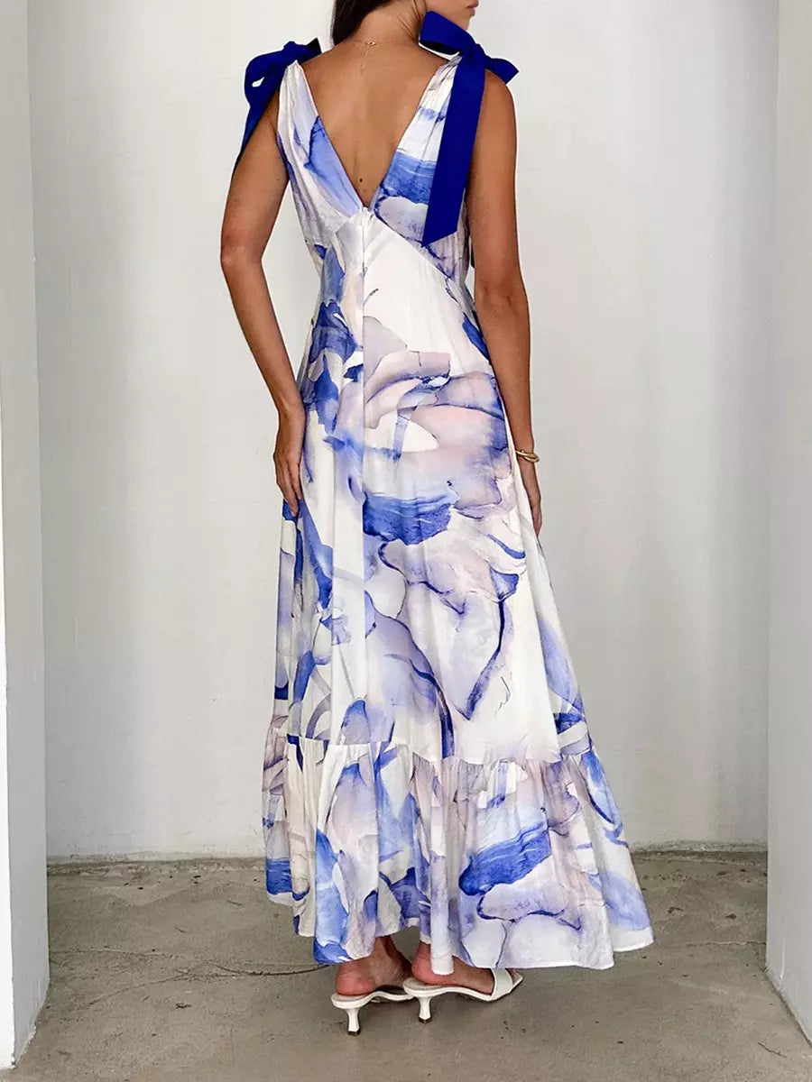 Bohemian Printed Ruffles Lace Up V-Neck Tie Shoulder Straps Maxi Dress