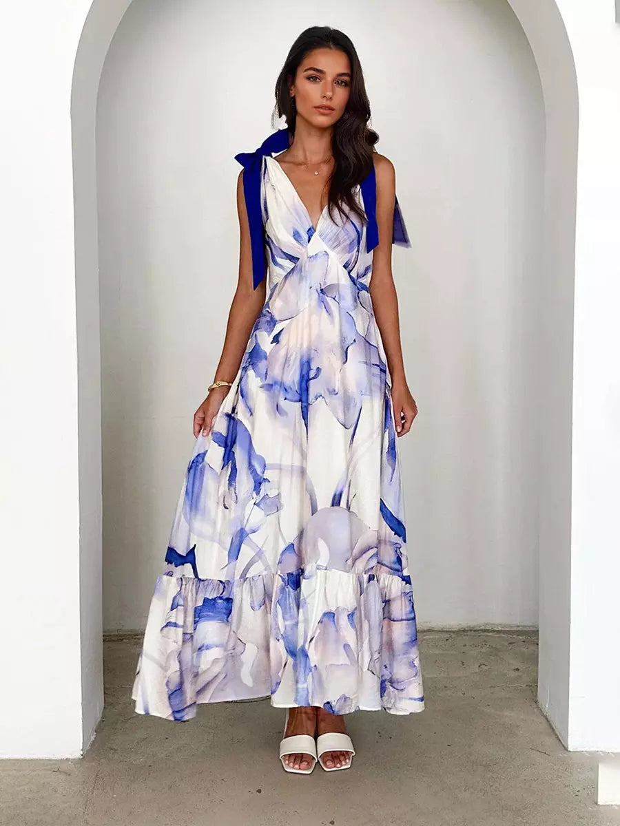 Bohemian Printed Ruffles Lace Up V-Neck Tie Shoulder Straps Maxi Dress