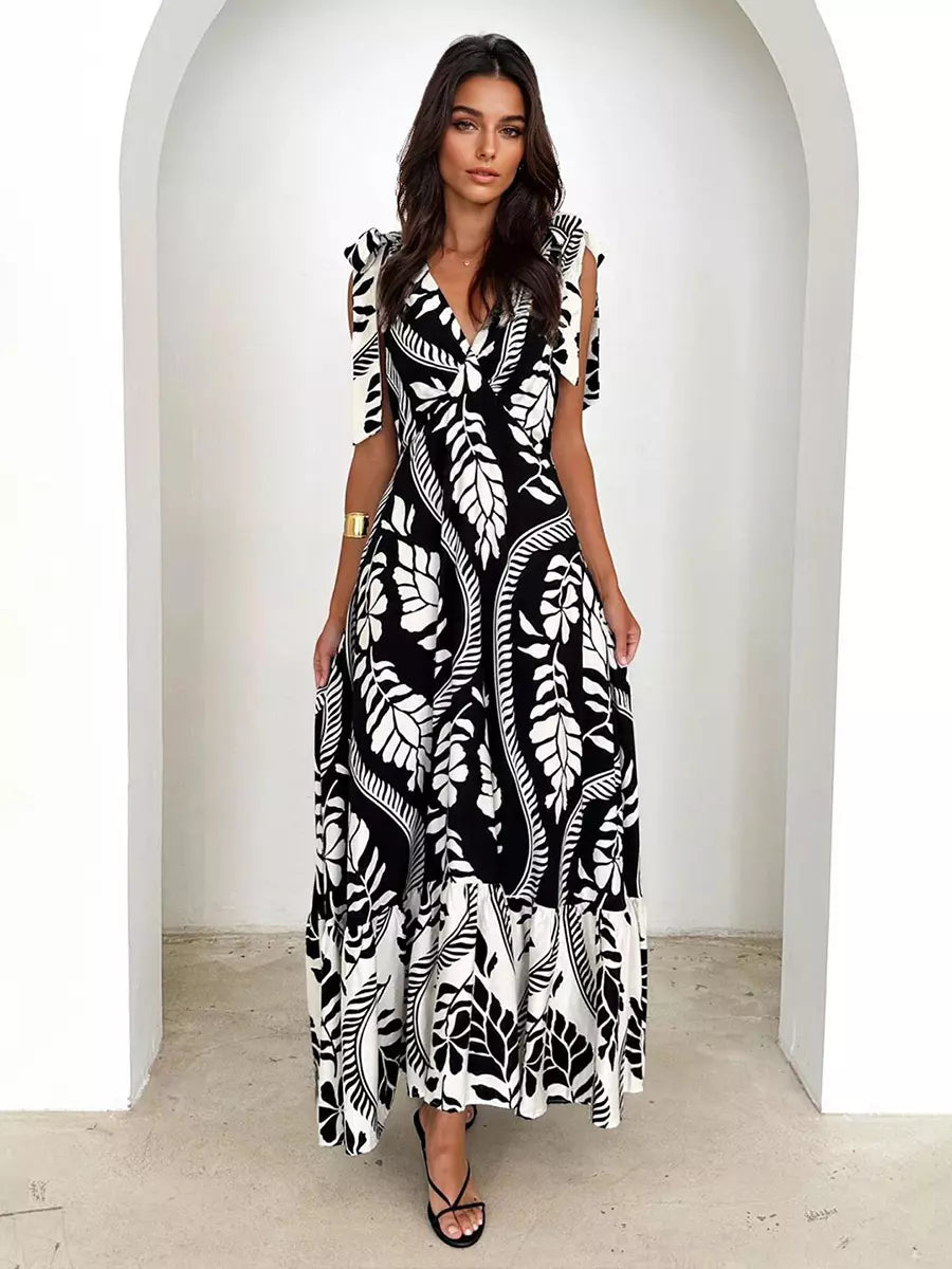 Bohemian Printed Ruffles Lace Up V-Neck Tie Shoulder Straps Maxi Dress