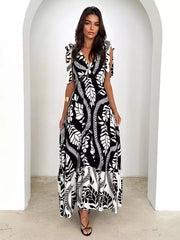 Bohemian Printed Ruffles Lace Up V-Neck Tie Shoulder Straps Maxi Dress