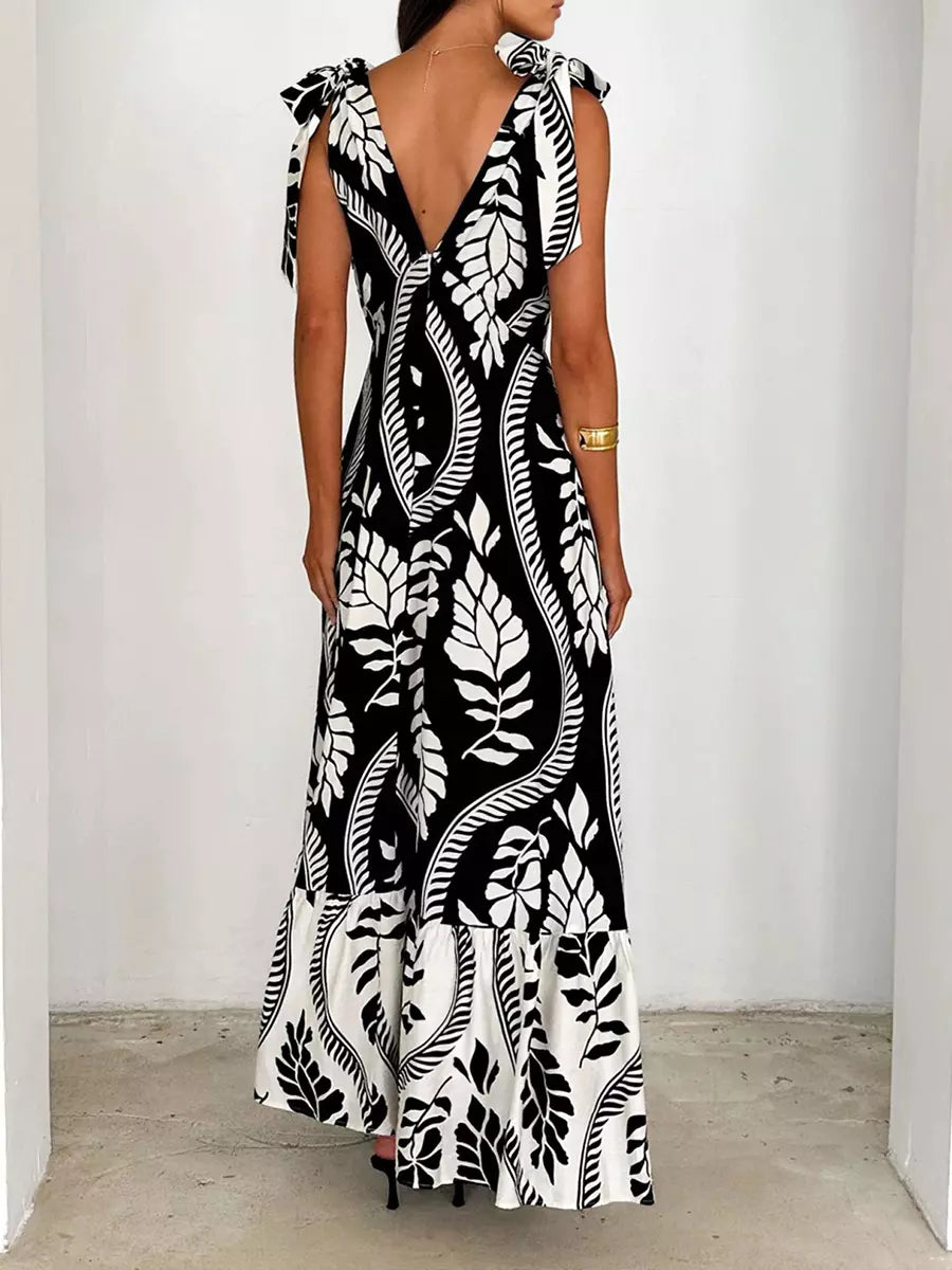 Bohemian Printed Ruffles Lace Up V-Neck Tie Shoulder Straps Maxi Dress