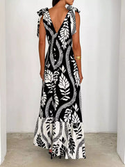 Bohemian Printed Ruffles Lace Up V-Neck Tie Shoulder Straps Maxi Dress