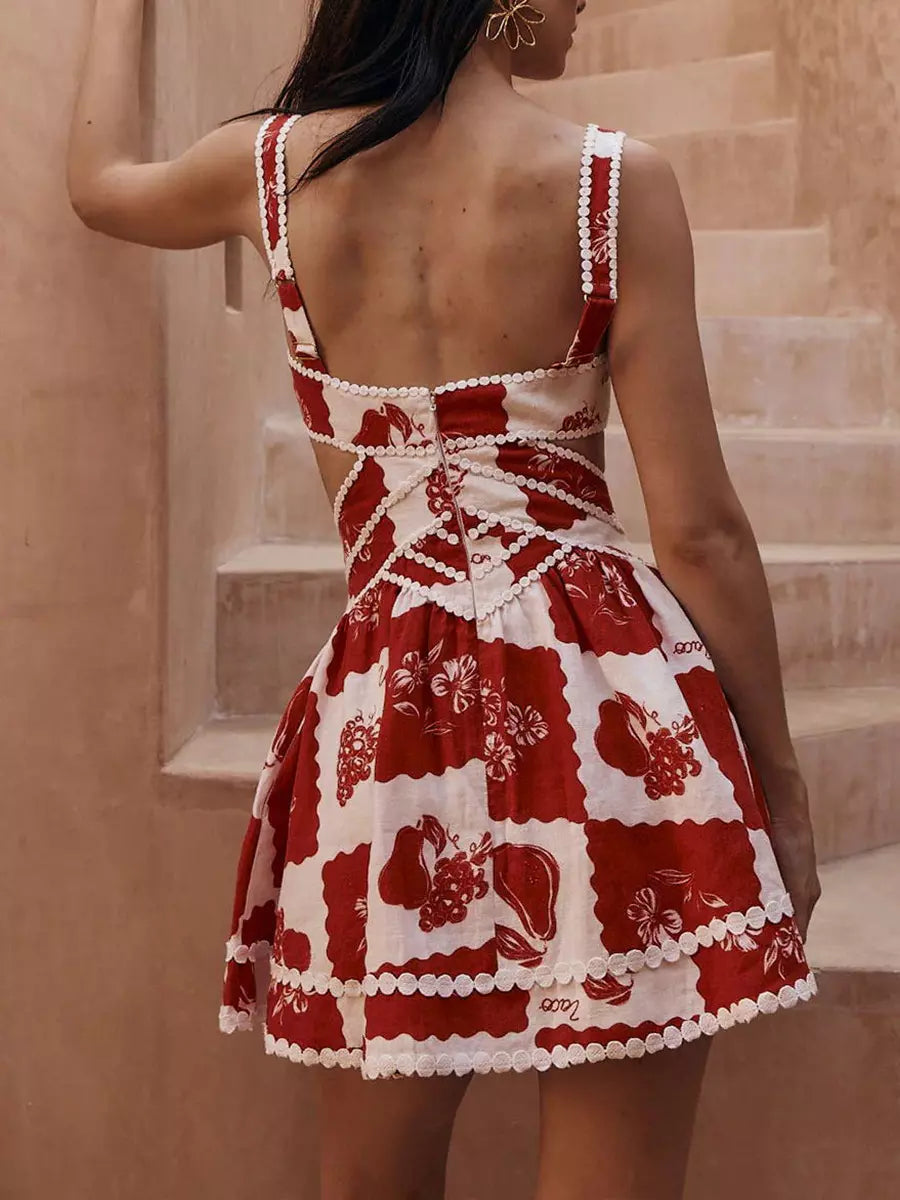Bohemian Printed Sleeveless With Cutout Waist And Deep V-Neck Mini Dress